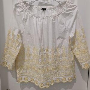 Talbots Boho White Off Shoulder peasant blouse Floral Embroidery M  3/4 gorgeous